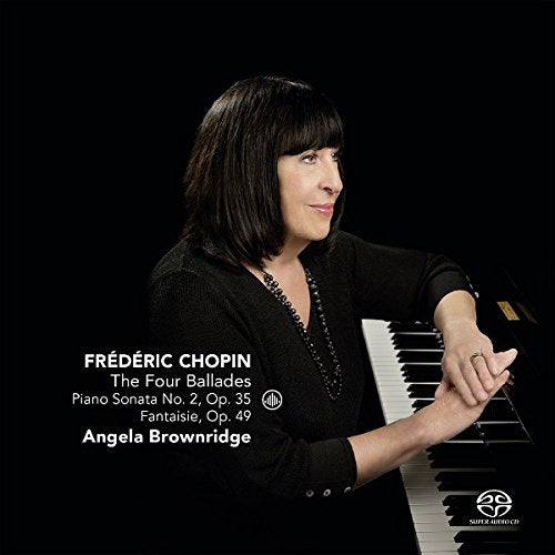 "CD cover with a woman sitting at a piano against a black background."
