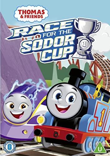 Thomas & Friends" DVD cover featuring Thomas and Nia racing for a trophy.