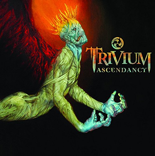 "Album cover art for Trivium's 'Ascendancy' featuring a green, humanoid figure with sharp teeth."