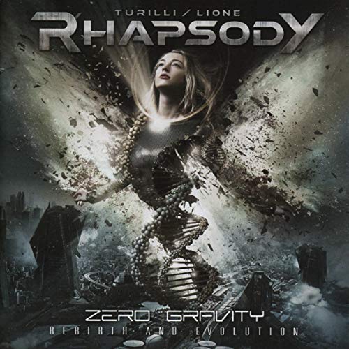 "Album cover art: woman in metallic armor surrounded by debris and cityscape destruction."