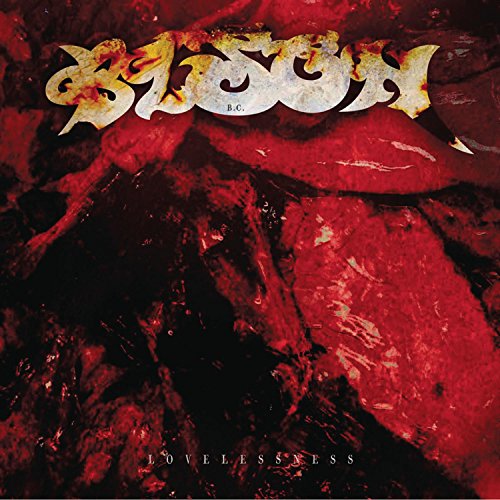 The image shows a red abstract background with the word "Bison B.C." in stylized white and yellow font.