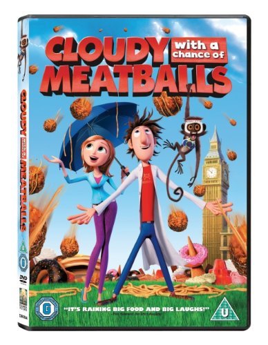 Cloudy With a Chance of Meatballs" DVD cover featuring characters and falling food.