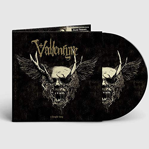 Black vinyl record with ornate skull and wings album artwork.