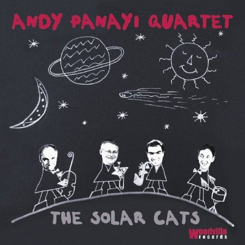 "Album cover with cartoon musicians, celestial bodies, and text on a dark background."