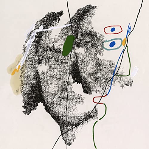 Abstract art featuring a textured black stippled shape with colorful lines and geometric forms.