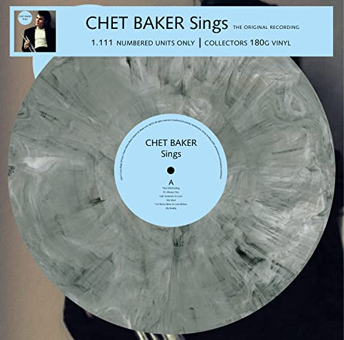 Chet Baker album cover featuring marbled grey vinyl record and portrait.