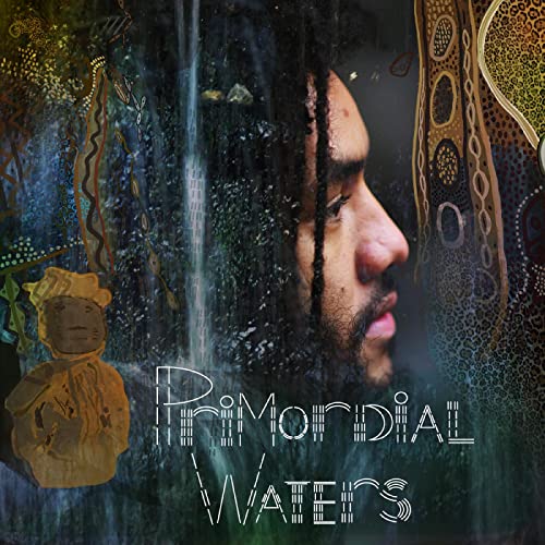 Profile portrait of a man with dreadlocks overlaid on abstract art and water imagery.
