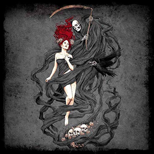 Dark illustration of a woman and skeletal figure with skulls below.