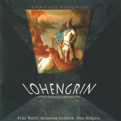 "CD cover featuring a man in a boat with a swan, titled 'Lohengrin'."