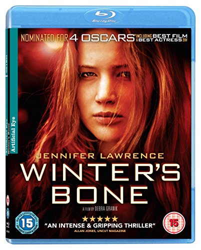 "Blu-ray case for 'Winter's Bone' featuring a close-up of Jennifer Lawrence's face."