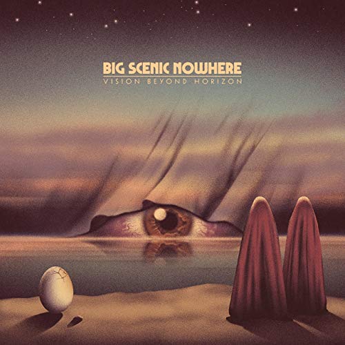 Album cover with a large eye, desert landscape, and cracked egg.