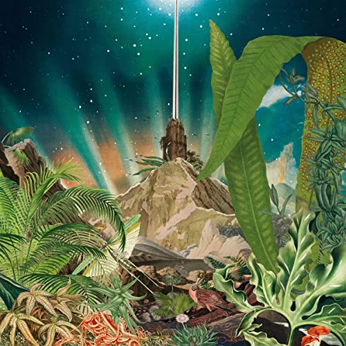 Fantasy island landscape with glowing light beam, lush plants, and a bird.