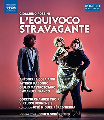 Blu-ray cover for Rossini’s “L’equivoco Stravagante” opera, featuring performers.