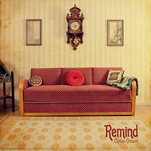 Vintage room interior with a red sofa and wall clock, album cover.