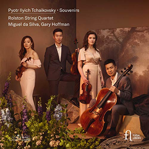 String quartet members posing with instruments amidst flowers on a painted backdrop.