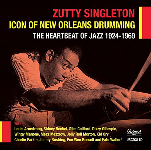 Zutty Singleton CD cover: drummer playing, sepia tone, red and black design.