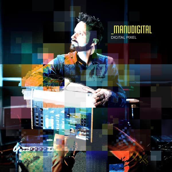 Manudigital album cover with a man playing a keyboard, pixelated effect.