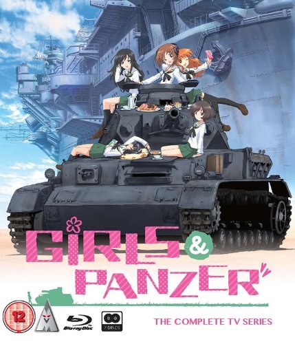 Anime girls on a tank with a battleship in the background.