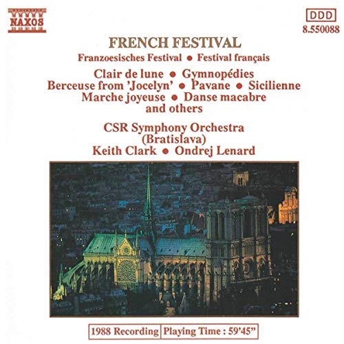 CD cover for “French Festival” featuring Notre Dame cathedral at dusk.