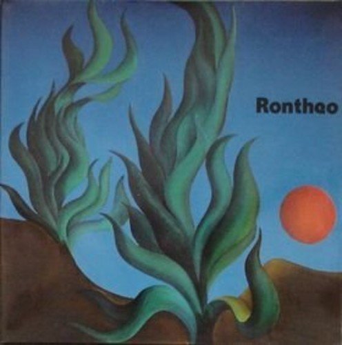 Vinyl record cover with abstract green plants and a red sun.