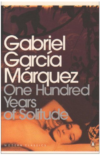 "Book cover of 'One Hundred Years of Solitude' with a reclining woman and dark foliage."