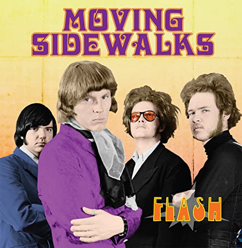 Album cover for "Flash" by Moving Sidewalks, featuring four men.