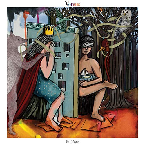 The image depicts the album cover for "Versus - Ex Voto" on vinyl, featuring a surreal illustration. Alt text: "Album cover with surreal illustration of two figures surrounded by symbolic elements."
