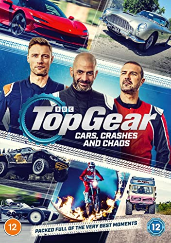 DVD cover featuring three Top Gear presenters, various cars, and a motorcycle in flames.