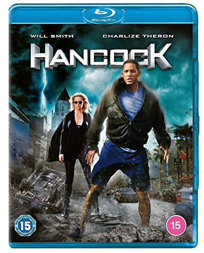 Blu-ray cover for "Hancock" featuring Will Smith and Charlize Theron.