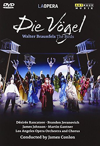 DVD cover for "Die Vogel" opera, showing performers on stage with bird props.
