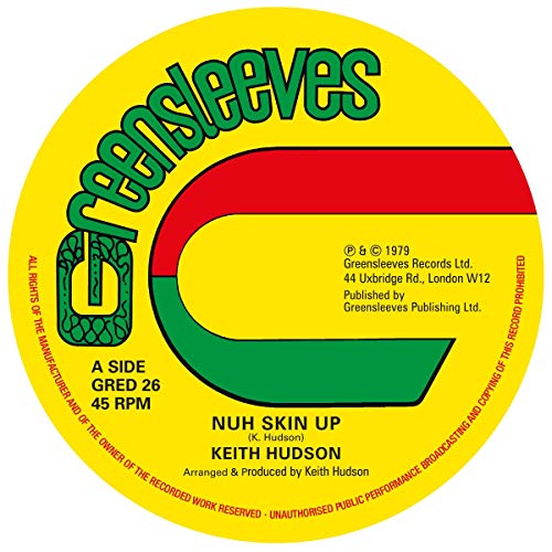 Yellow vinyl record label with green text: "greensleeves" and "NUH SKIN UP".