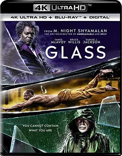 “Glass” Blu-ray cover featuring Samuel L. Jackson, James McAvoy, and Bruce Willis.