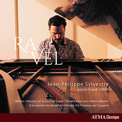 Man playing a piano with white text overlay on a classical music album cover.