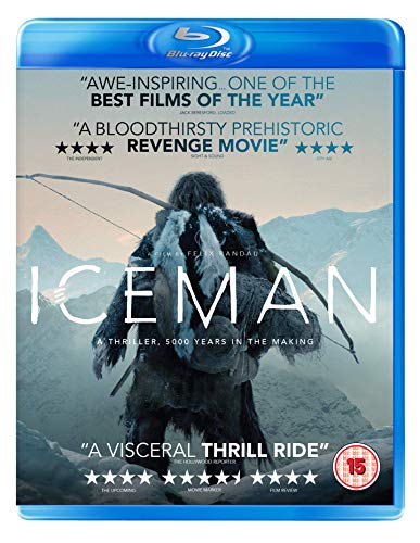 "Blu-ray case for 'Iceman' with a prehistoric warrior on a mountainous cover."