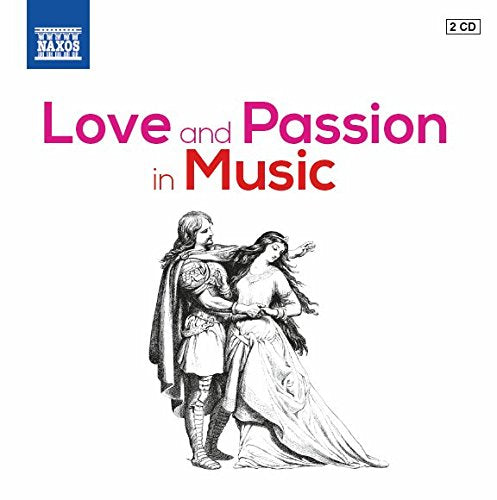 "CD cover with medieval couple illustration, titled 'Love and Passion in Music'."