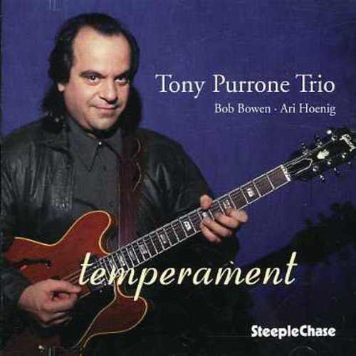 "Tony Purrone holding a red guitar, album cover with 'temperament' text."