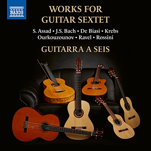 CD cover with six guitars leaning against a dark leather sofa.