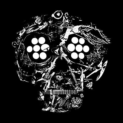 Black and white image of a skull constructed from musical instruments.