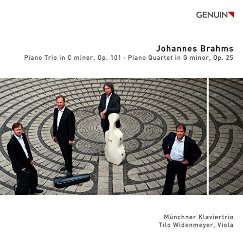 "CD cover featuring four musicians standing around a cello on a patterned stone floor."