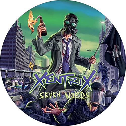 Xentrix “Seven Words” vinyl record cover: man in gas mask, city unrest.