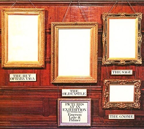 "CD cover with five picture frames on a red wooden wall."
