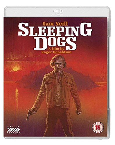 “Sleeping Dogs” Blu-ray cover featuring Sam Neil and a red, illustrated background.