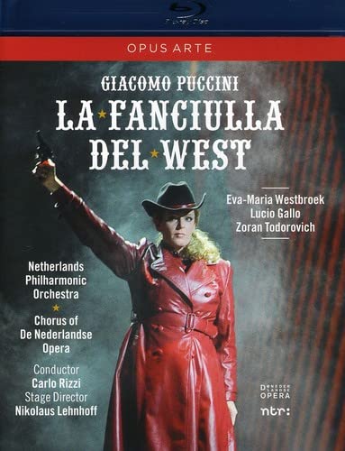 Blu-ray cover for Puccini’s *La Fanciulla del West* opera, featuring a woman in red.