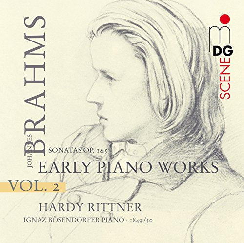 CD cover: portrait of Johannes Brahms, text “Brahms” and “Early Piano Works”.