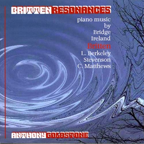 CD cover for “Britten Resonances” featuring abstract blue and white swirls.