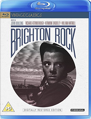 Blu-ray cover for "Brighton Rock" featuring a man in a hat and seaside background.