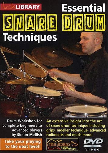 DVD cover featuring a drummer playing a snare drum, text reads "Essential Snare Drum Techniques".