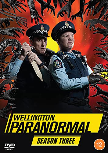 Two police officers with paranormal creatures looming behind them, DVD cover.