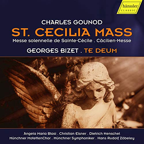 CD cover for Gounod’s St. Cecilia Mass and Bizet’s Te Deum, angel sculpture.