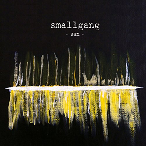 "Album cover with abstract yellow and white brushstrokes on a black background."